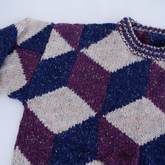 Taupe Purple Navy Argyle Gramacore Knit Crewneck Preppy Sweater M - Picture 9 of 11
